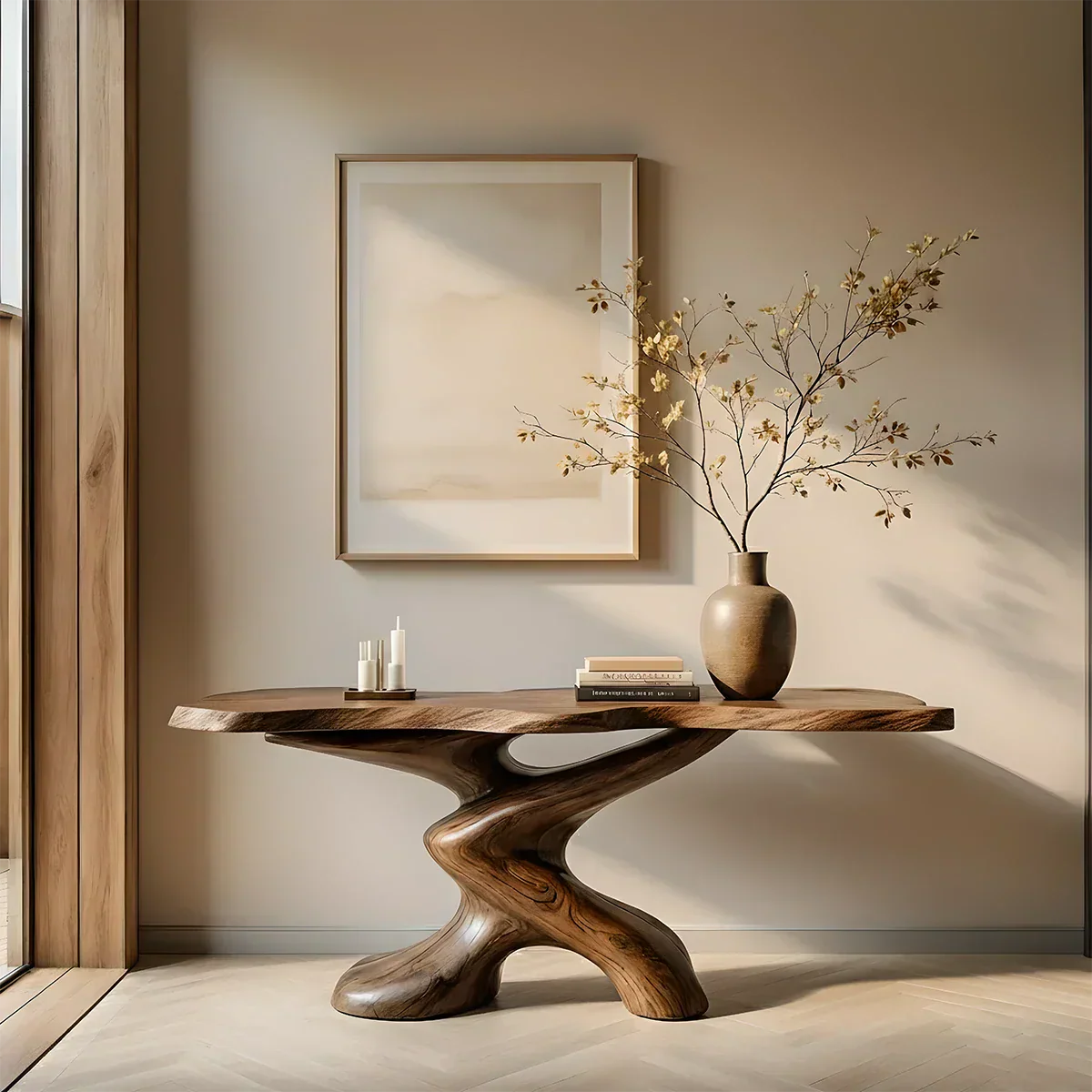 Sculptural Solid Wood Console Table — Organic Japandi Entryway Art Piece - Rustira