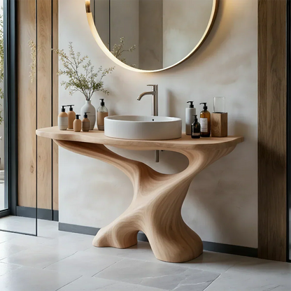 Sculptural Solid Wood Pedestal Vanity – Organic Modern Bathroom Sink Stand - Rustira