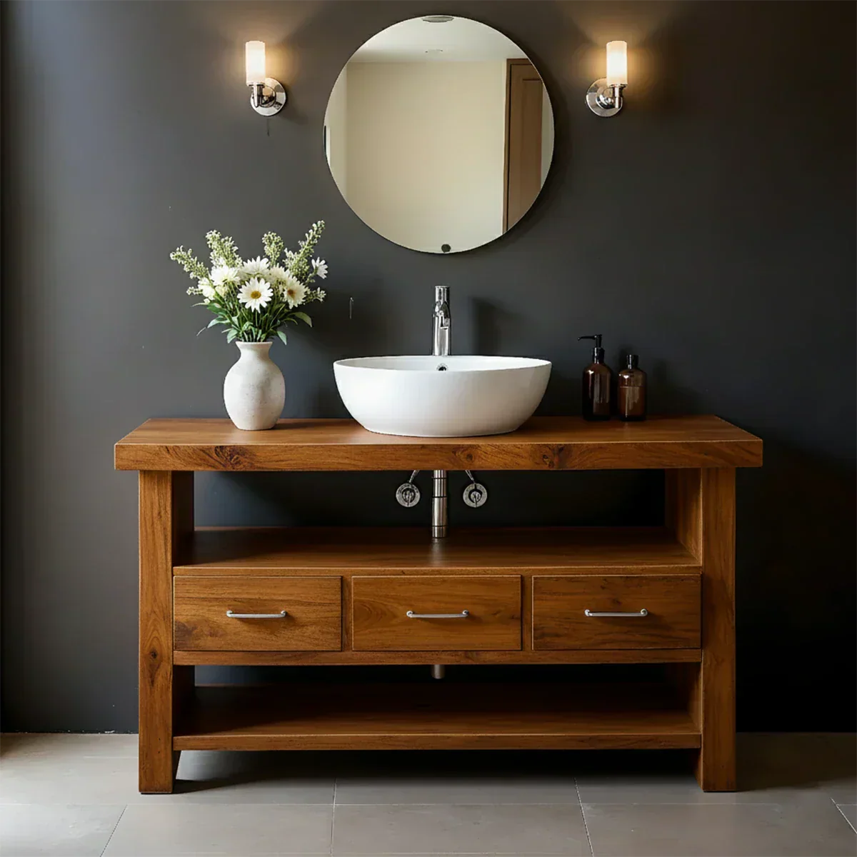 Single Sink Solid Wood Bathroom Vanity – Japandi Minimalist Design - Rustira