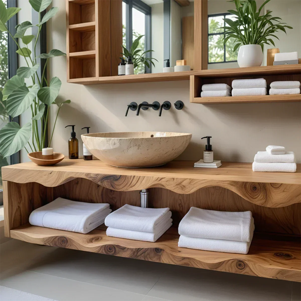 Solid Wood Bathroom Vanity with Open Shelves – Japandi Spa Console - Rustira