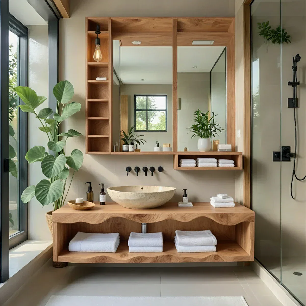 Solid Wood Bathroom Vanity with Open Shelves – Japandi Spa Console - Rustira
