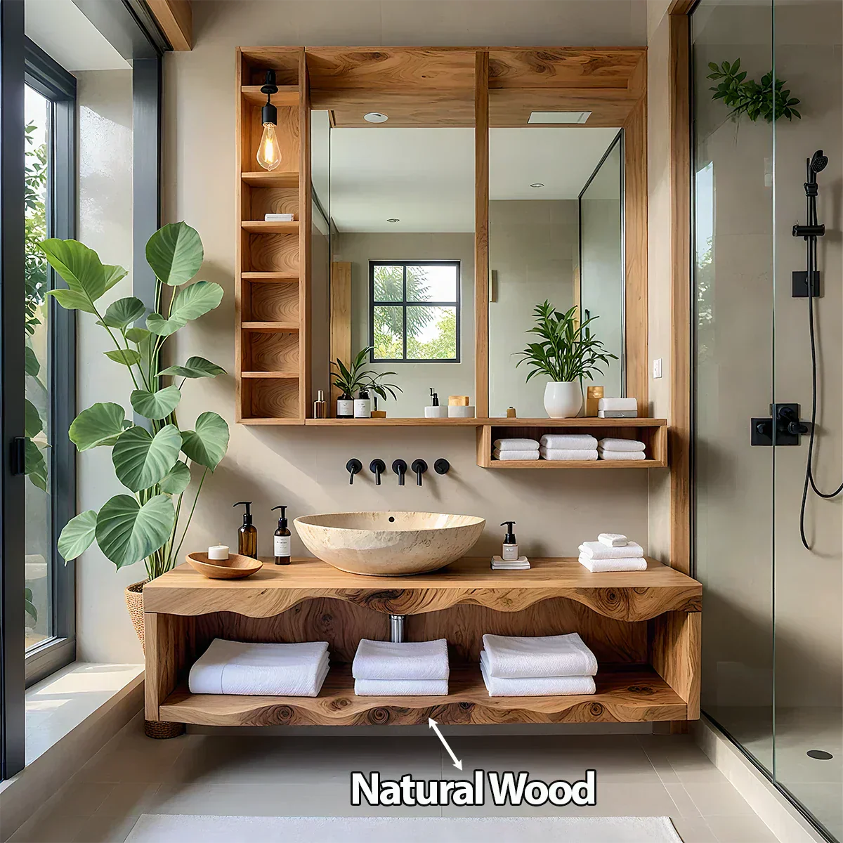 Solid Wood Bathroom Vanity with Open Shelves – Japandi Spa Console - Rustira