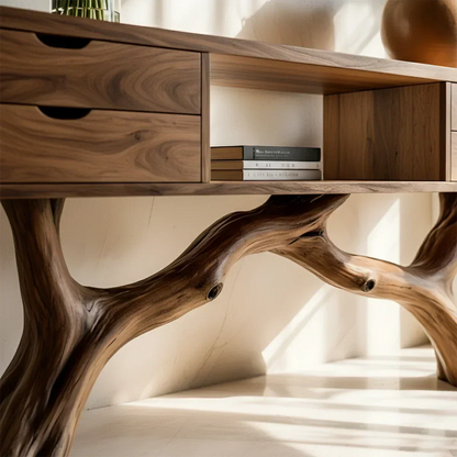 Solid Wood Console Table with Branch-Form Base & Storage Drawers - Rustira