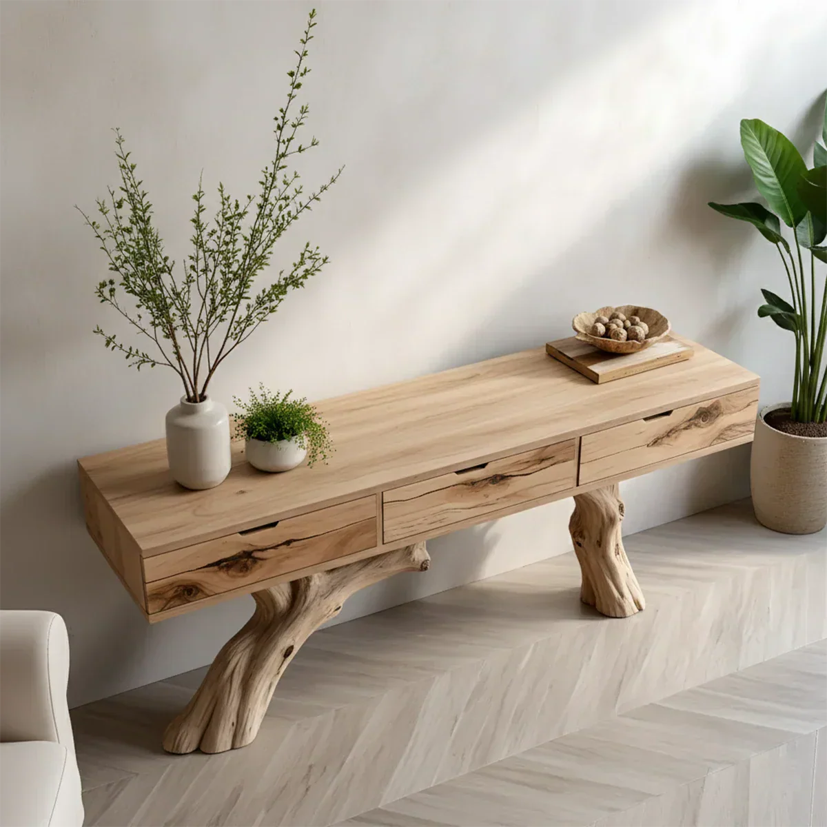 Solid Wood Console Table with Branch-Style Base & Hidden Pull Drawers - Rustira