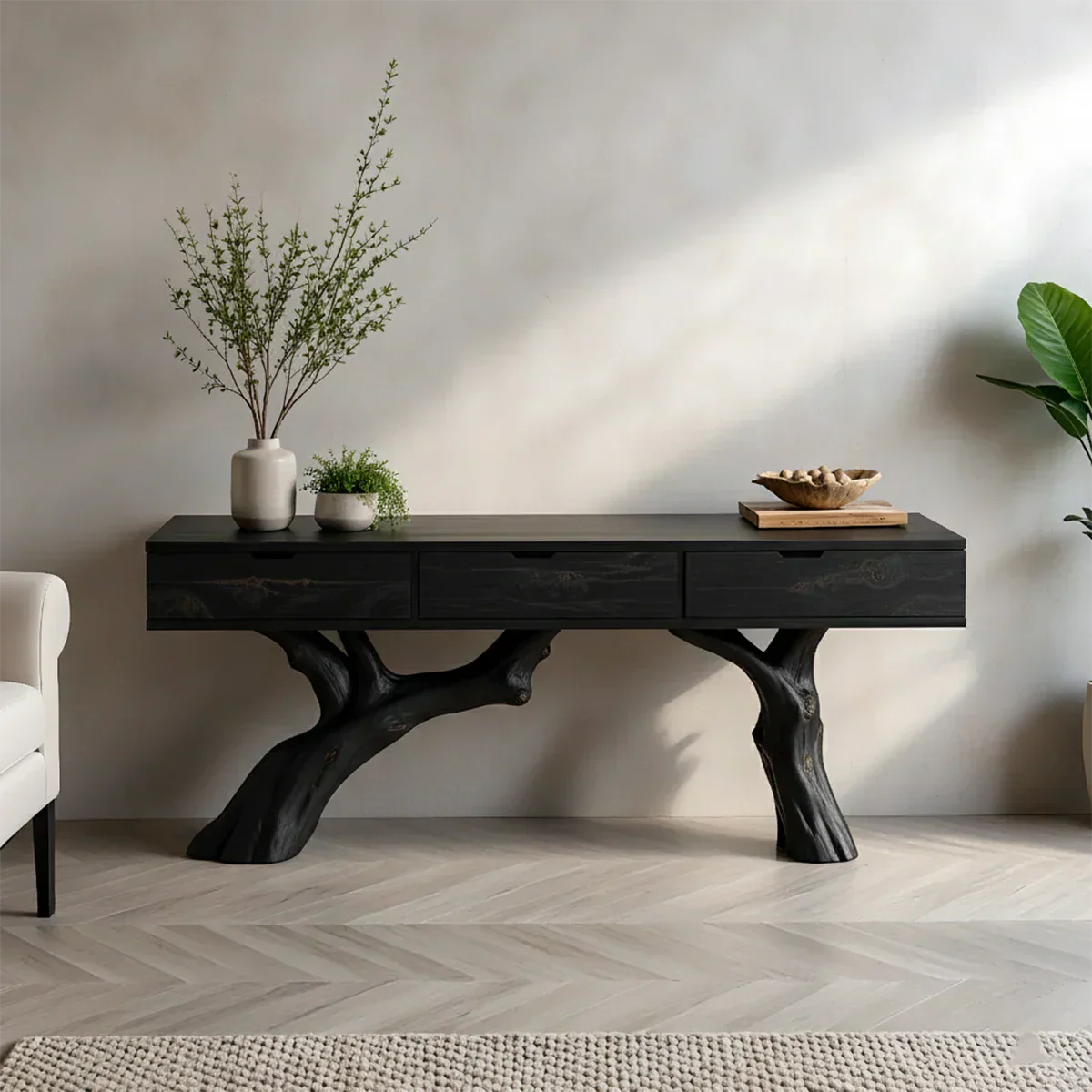 Solid Wood Console Table with Branch-Style Base & Hidden Pull Drawers - Rustira