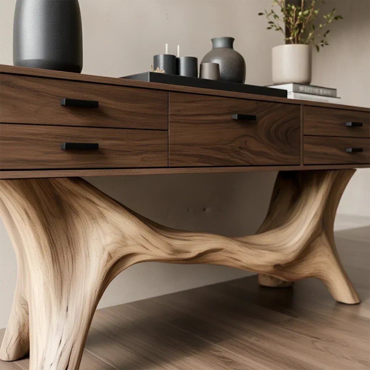 Solid Wood Console Table with Curved Branch Base & Drawers - Rustira