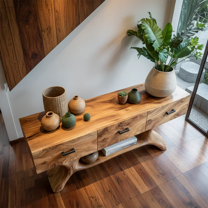 Solid Wood Console Table with Organic Sculptural Base & Drawers - Rustira