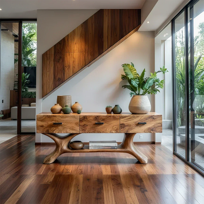 Solid Wood Console Table with Organic Sculptural Base & Drawers - Rustira