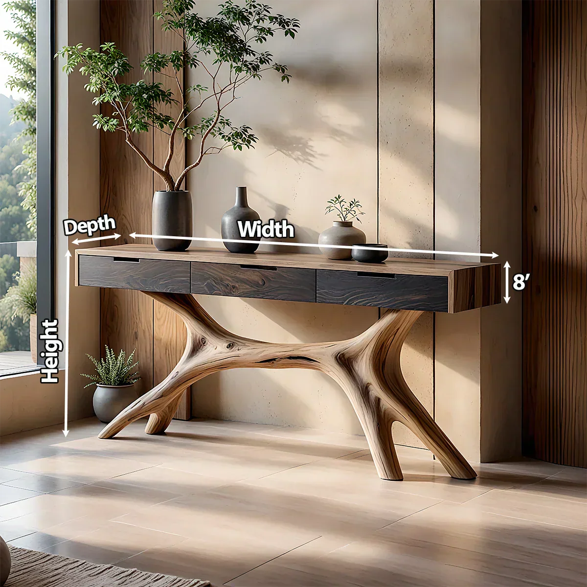 Solid Wood Console Table with Sculptural Branch-Form Base & Drawers - Rustira