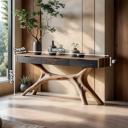 Solid Wood Console Table with Sculptural Branch-Form Base & Drawers - Rustira