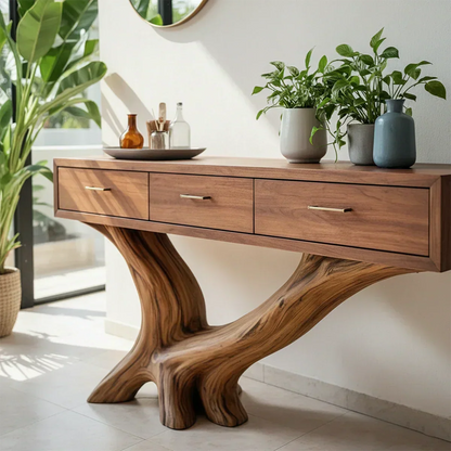 Solid Wood Console Table with Sculptural Natural Base & Drawers - Rustira