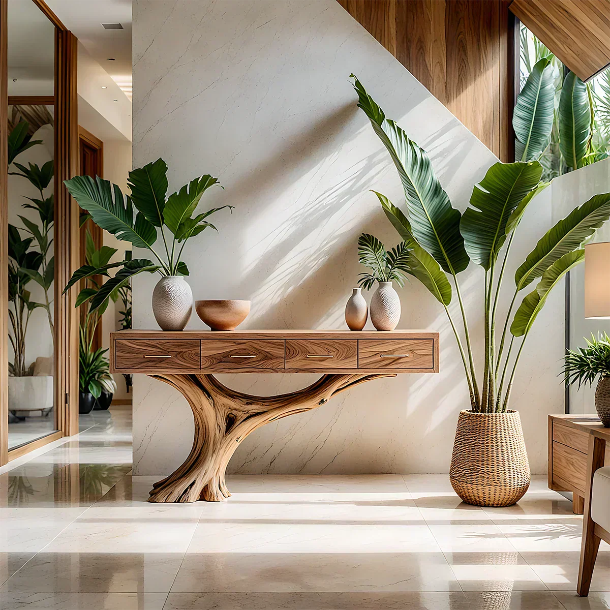 Solid Wood Console Table with Sculptural Tree-Inspired Base & Drawers - Rustira