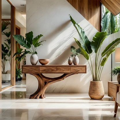 Solid Wood Console Table with Sculptural Tree-Inspired Base & Drawers - Rustira