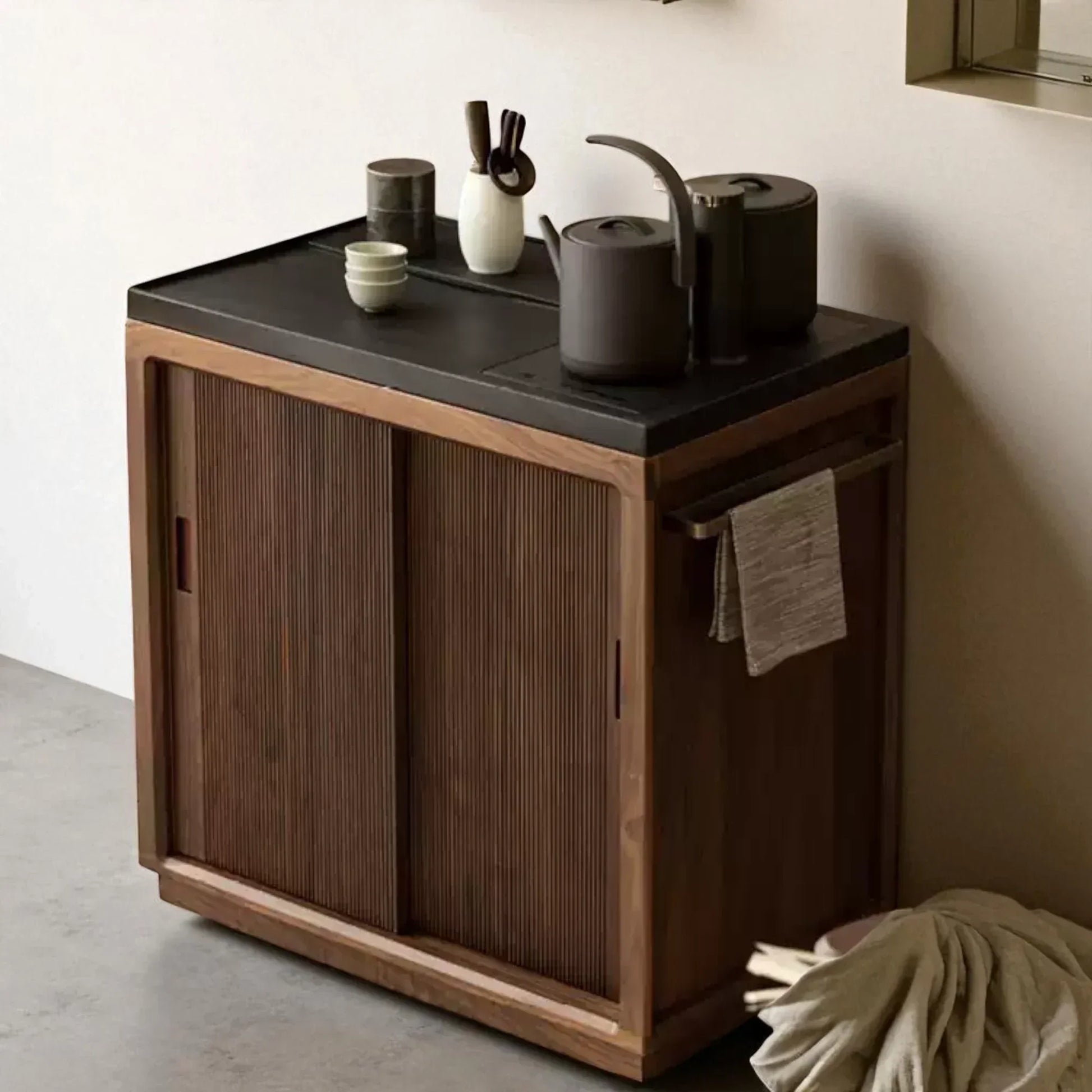 Solid Wood Tea Cabinet – Sliding Door Asian Style Design - Rustira
