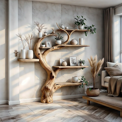 Tree branch bookshelf decorated with driftwood. Solid wood bookshelf decorates interior walls 