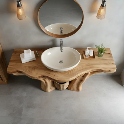 Solid Wood Tree-Form Bathroom Vanity – Natural Live-Edge Countertop - Rustira