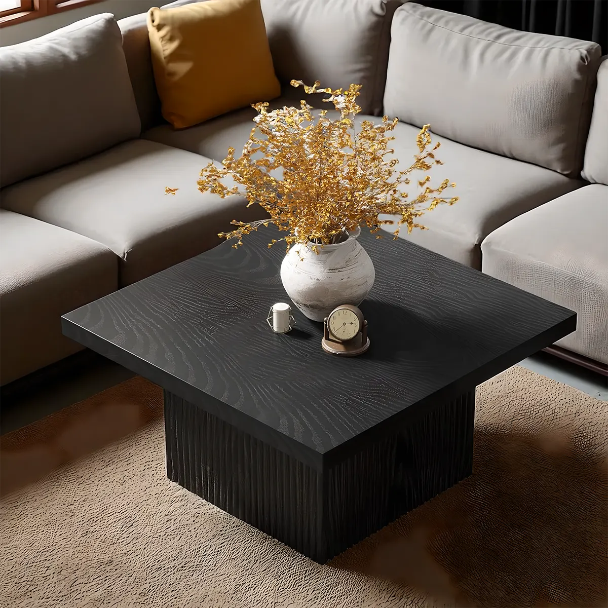 Square grooved wooden tea table, grooved base, modern Nordic style 