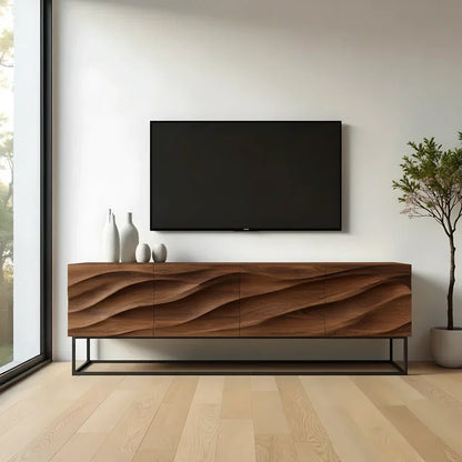Wave-Carved Scandinavian Solid Wood TV Console – Natural Oak Finish - Rustira