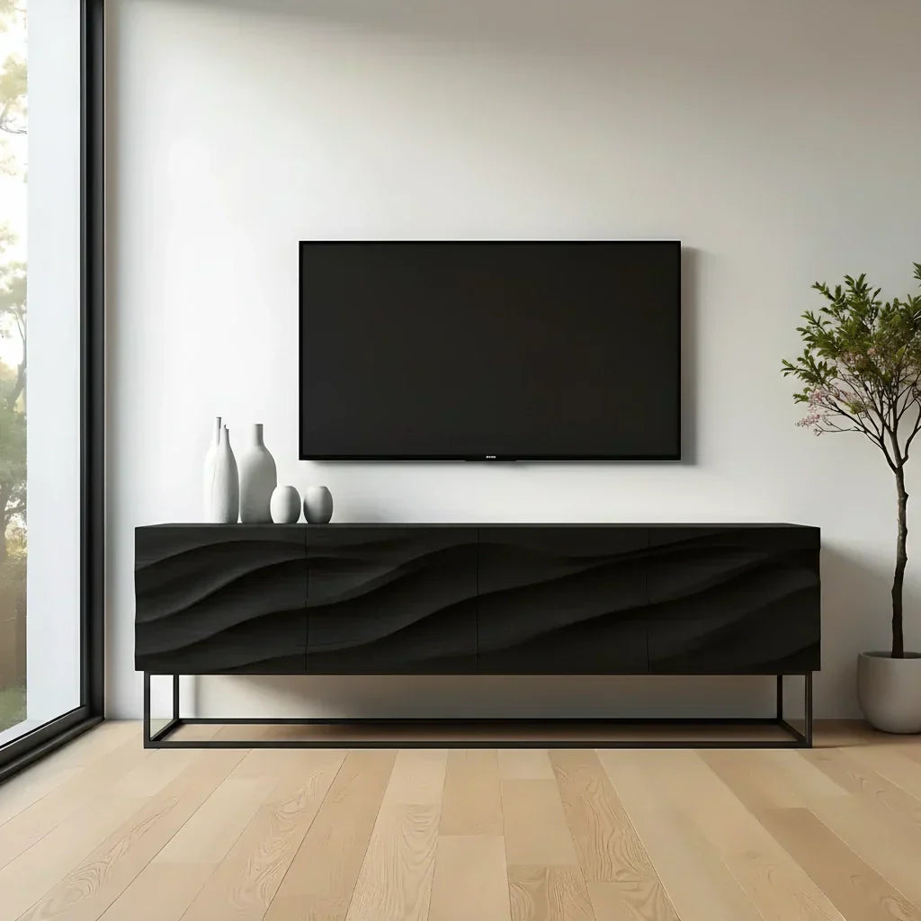 Wave-Carved Scandinavian Solid Wood TV Console – Natural Oak Finish - Rustira