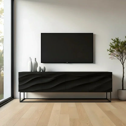 Wave-Carved Scandinavian Solid Wood TV Console – Natural Oak Finish - Rustira