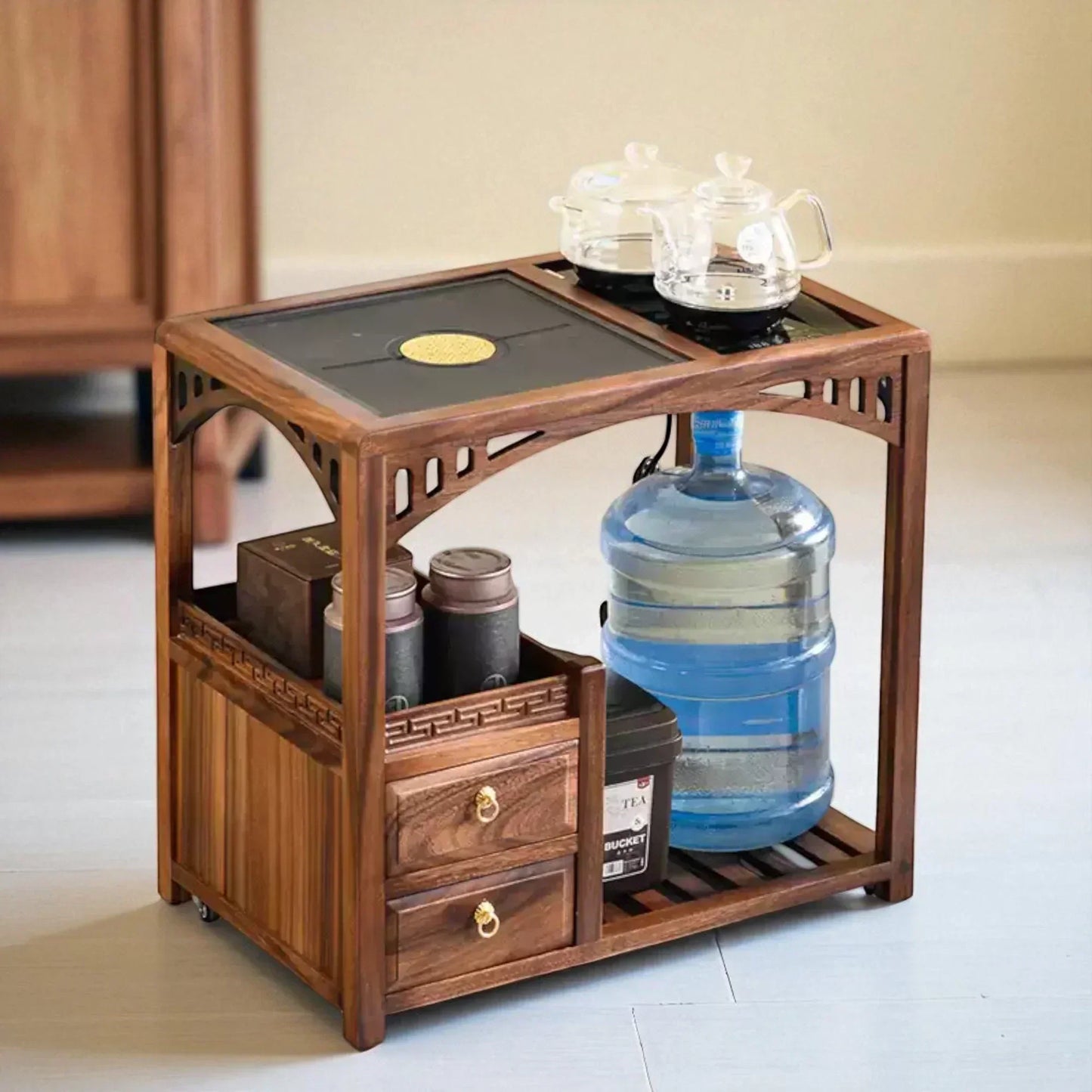 Wooden Tea Cabinet with Open Frame – Compact Brewing Table - Rustira